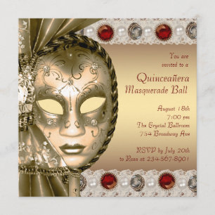Elegantes Rot-und Goldmaskerade-Party Einladung