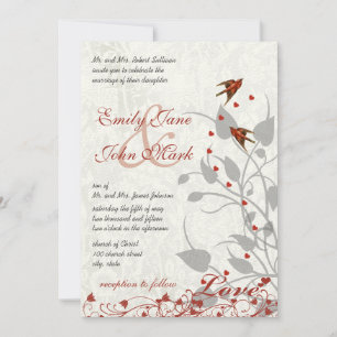 Elegantes Rot und Gray Hearts Lovebird Wedding Einladung