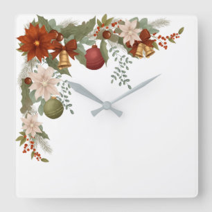 Elegantes Rot und Grün Florales Weihnachten Quadratische Wanduhr