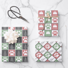 Elegantes Rot- und Grünpaw-Muster Geschenkpapier Set