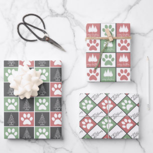 Elegantes Rot- und Grünpaw-Muster Geschenkpapier Set