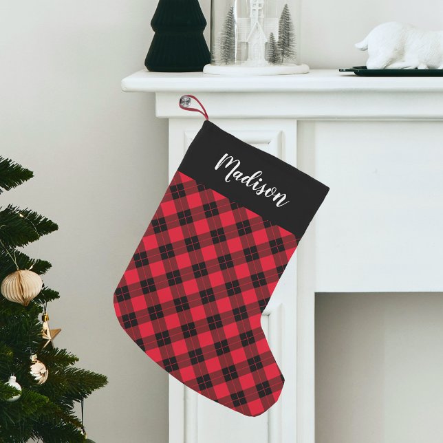 Elegantes Rot und Schwarz Kariert Personalisiert Kleiner Weihnachtsstrumpf (Von Creator hochgeladen)