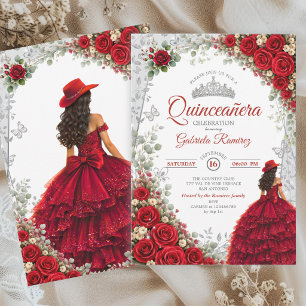 Elegantes Rot und Silber Werstern Quinceañera  Einladung