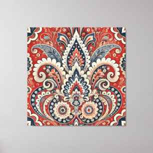 Elegantes Rot, Weiß & Blau Paisley-Blumenmuster Leinwanddruck