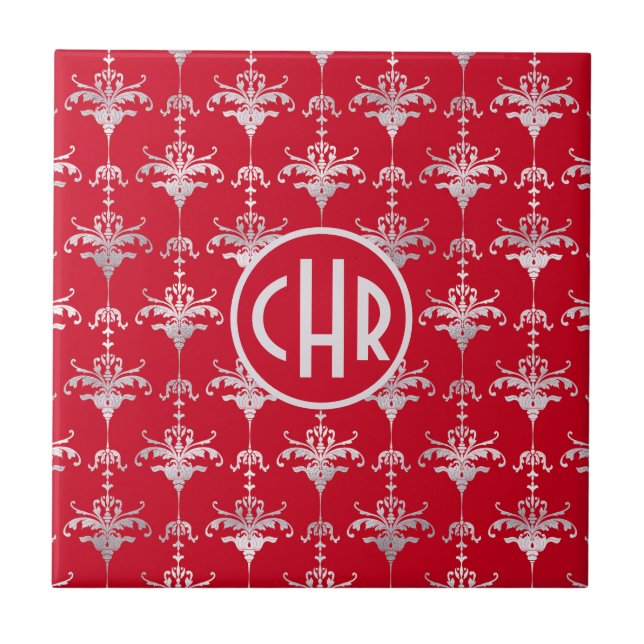 Elegantes Rot-Weiß-Damask-Monogramm Fliese (Vorderseite)