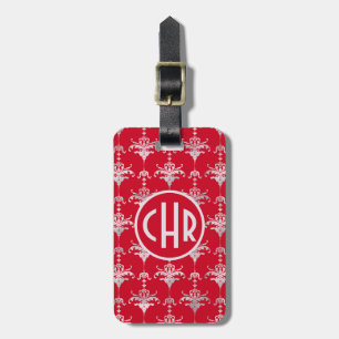 Elegantes Rot-Weiß-Damask-Monogramm Gepäckanhänger