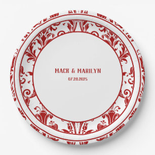 Elegantes Rot-Weiß-Damast Hochzeitsessen Pappteller