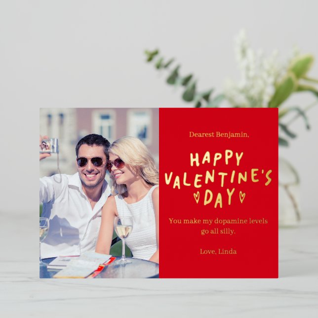 Elegantes Rot-Weiß-Frohes-Valentinstag-Foto Folien Feiertagskarte (Stehend vorne)
