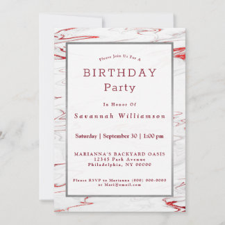 Elegantes Rot-Weiß-Imitat Marble Birthday Einladung