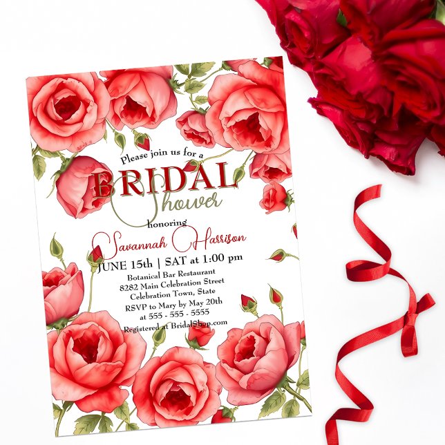Elegantes Rote Rose Blumengrenzbild Brautparty Einladung (Von Creator hochgeladen)