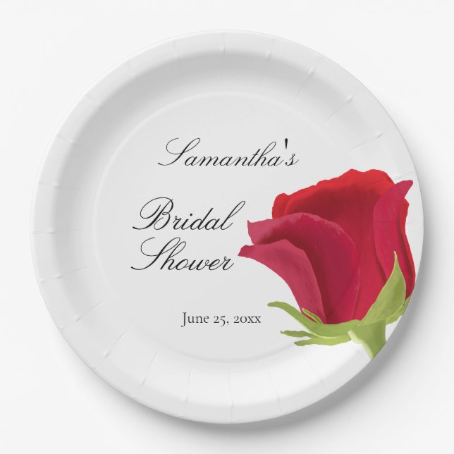 Elegantes Rote Rose Brautparty Pappteller (Vorderseite)