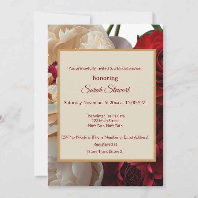 Elegantes Rote Rose & Cream Peony Brautparty Einladung (Vorderseite)