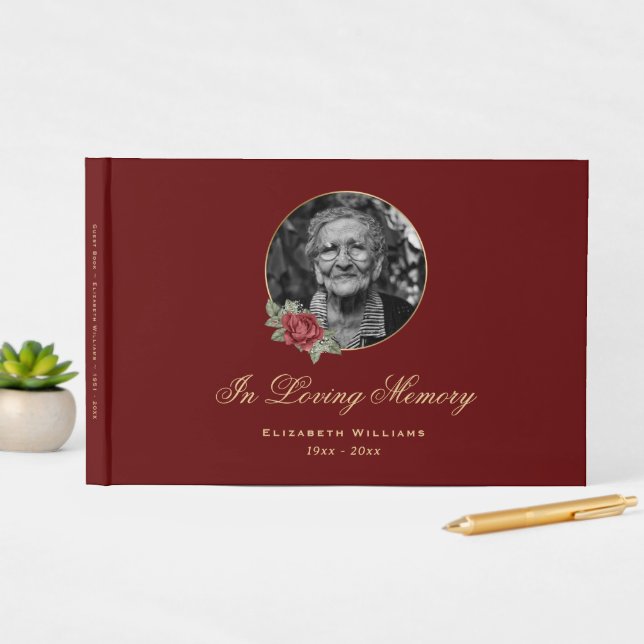 Elegantes Rote Rose Gold Blumenbeerdigung Foto Gästebuch (nSitu Display)