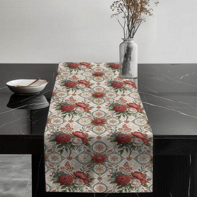 Elegantes Rote Rose Pastel Green Tiles Shabby Chic Großer Tischläufer (Elegant Red Rose Pastel Green Tiles Shabby Chic Long Table Runner)