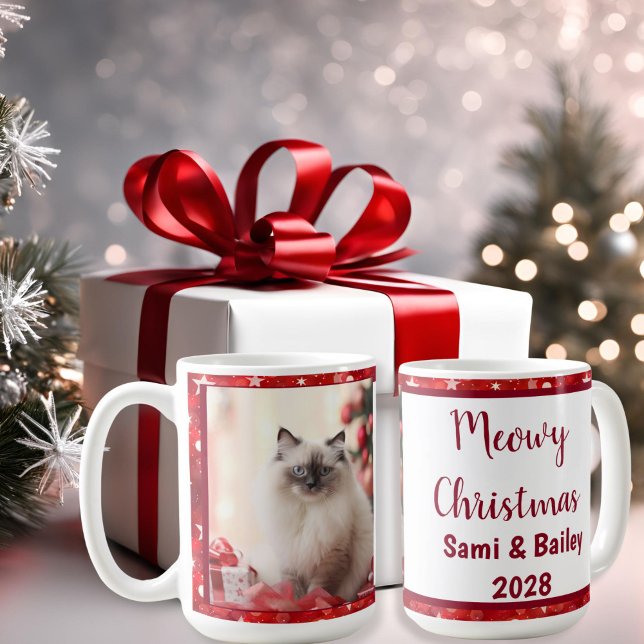 Elegantes Rote Sterne Foto Kaffeetasse (Red & White Stars Christmas Photo Coffee Mug)