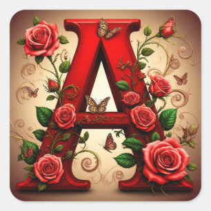 Elegantes rotes A mit Rosen und Schmetterling Quadratischer Aufkleber