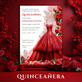 Elegantes rotes Ballkleid Rote Rosen Quinceanera | Einladung