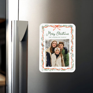 Elegantes rotes Band und Grün-Weihnachtsfoto Magnet