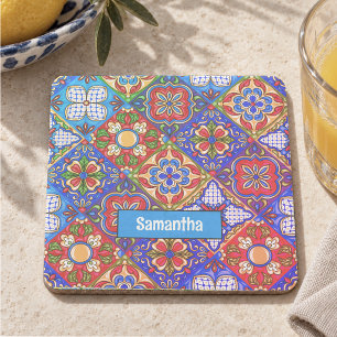 Elegantes rotes blaues mexikanisches Talavera-Flie Steinuntersetzer