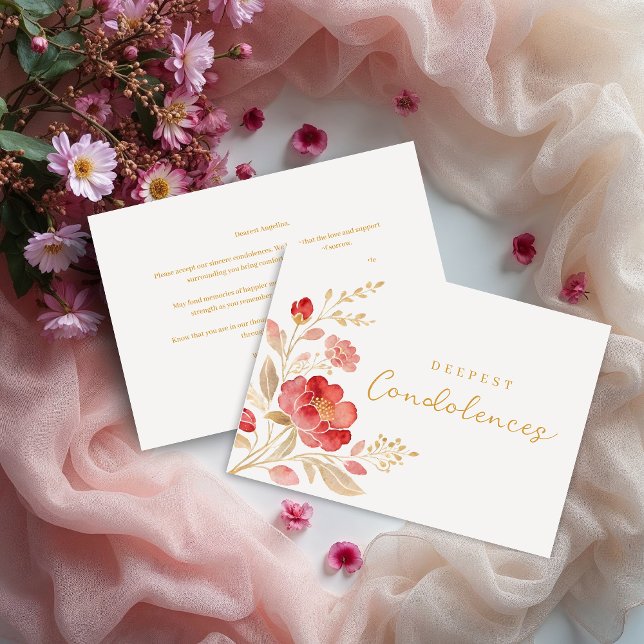 Elegantes rotes Blumenarrangement mit goldenen Eck (Elegant Light Red Floral and Golden Effect Corner Sympathy Card Design. )
