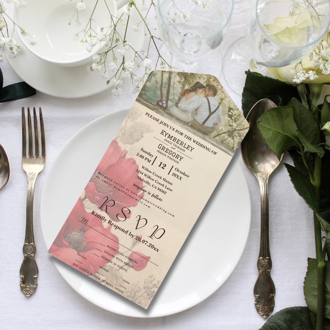 Elegantes Rotes Blumenmohnchen auf Cremes Couple F All In One Einladung (Von Creator hochgeladen)