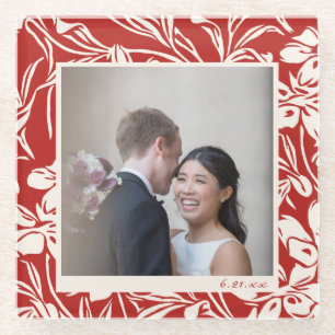 Elegantes rotes Blumenmuster mit individuellem Fot Glasuntersetzer