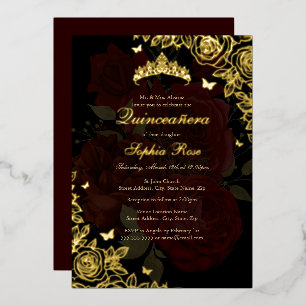 Elegantes rotes Burgunder-Gold-Rosen-Quinceanera Folieneinladung