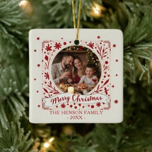 Elegantes rotes florales Frohe Weihnachten Familie Keramikornament