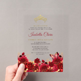 Elegantes rotes florales goldenes Quinceanera-Einl Acryleinladungen