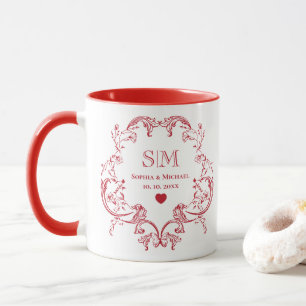 Elegantes rotes florales Hochzeitsjubiläums-Monogr Tasse