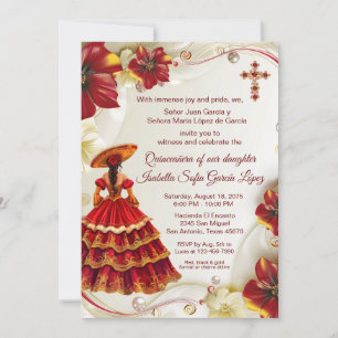 Elegantes rotes Gold-Blumen-Charra-Quinceanera Einladung
