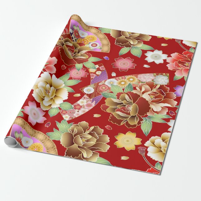 Elegantes Rotes Gold Modernes asiatisches Flora Geschenkpapier (Ungerollt)