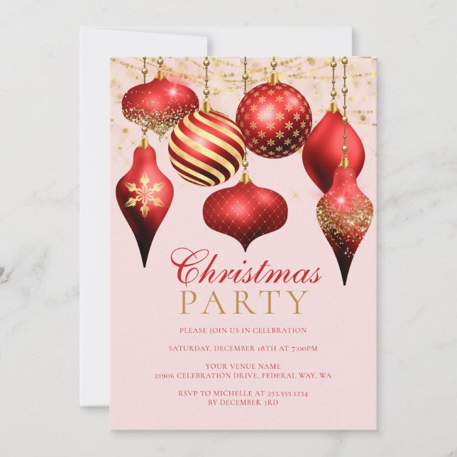Elegantes Rotes Gold Ornamente Weihnachts-Party Einladung (Vorderseite)