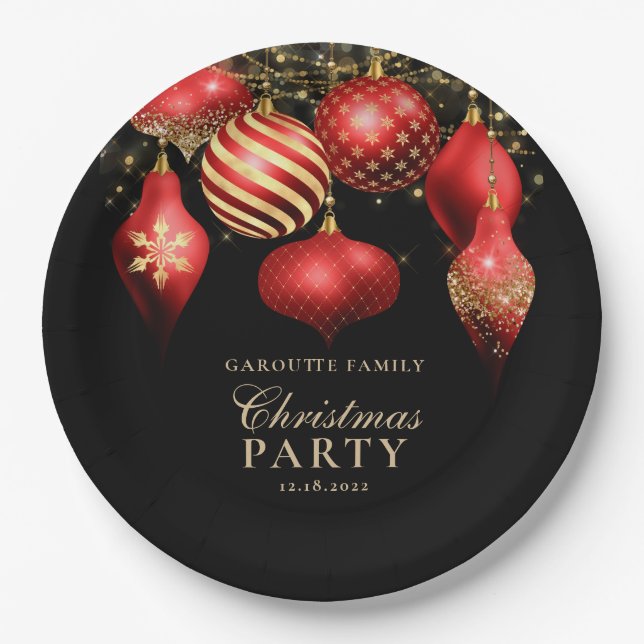 Elegantes Rotes Gold Ornamente Weihnachts-Party Pappteller (Vorderseite)