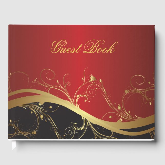 Elegantes Rotes Gold und Schwarz Gästebuch (Vorderseite)