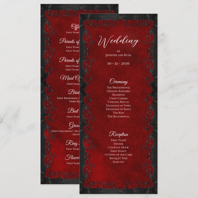 Elegantes rotes gotisches Hochzeitsprogramm Menükarte (Vorne/Hinten)