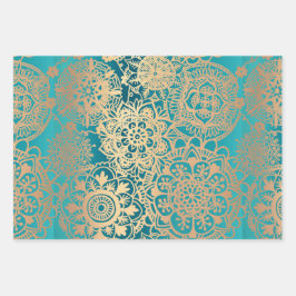 Elegantes rotes Green Blue und Gold Mandala Muster Geschenkpapier Set