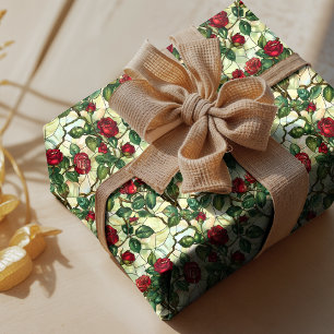 Elegantes rotes grünes florales Bleiglas Geschenkpapier