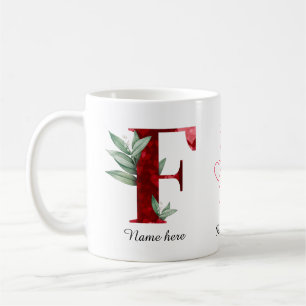 Elegantes rotes Herz Blumen-Letter F Anfangsbuchst Kaffeetasse