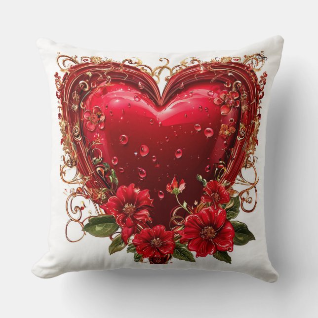 Elegantes Rotes Herz mit Blume Kissen (Vorderseite)