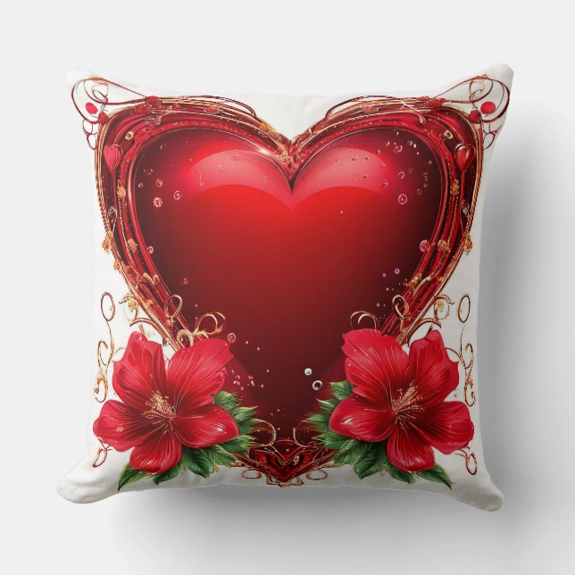 Elegantes Rotes Herz mit Blume Kissen (Vorderseite)