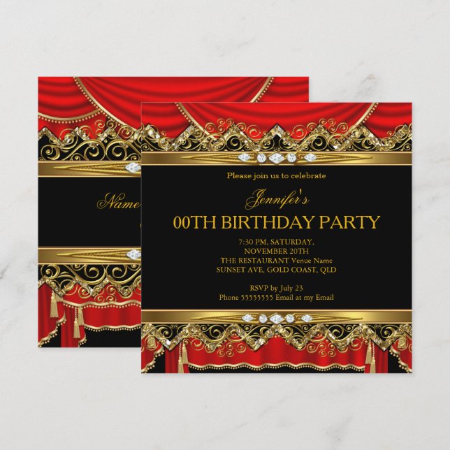 Elegantes Rotes Imitat Gold Silk Black Diamond Ein Einladung (Vorne/Hinten)