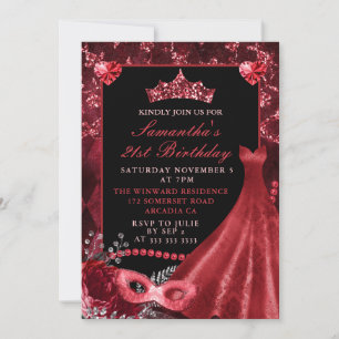 Elegantes Rotes Kleid Masquerade Geburtstag Einladung