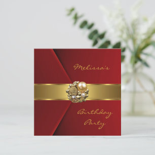 Elegantes rotes Kunstvelours mit goldenem Juwel Einladung