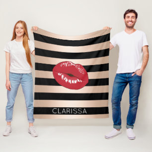 elegantes rotes LippenRosen-Goldschwarzes stripes Fleecedecke