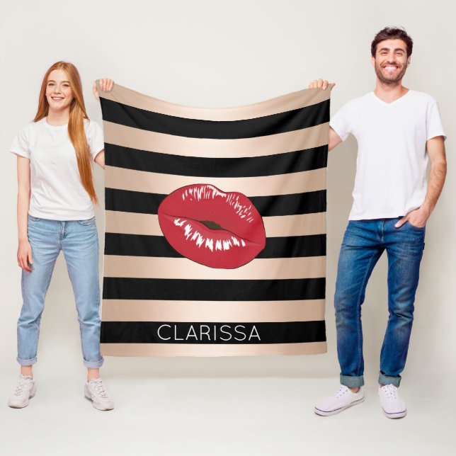 elegantes rotes LippenRosen-Goldschwarzes stripes Fleecedecke (Beispiel)