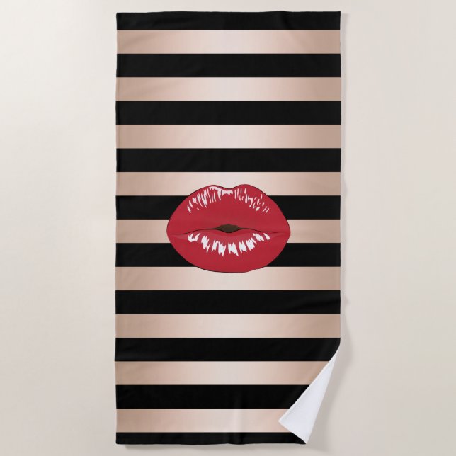 elegantes rotes LippenRosen-Goldschwarzes stripes Strandtuch (Vorderseite)