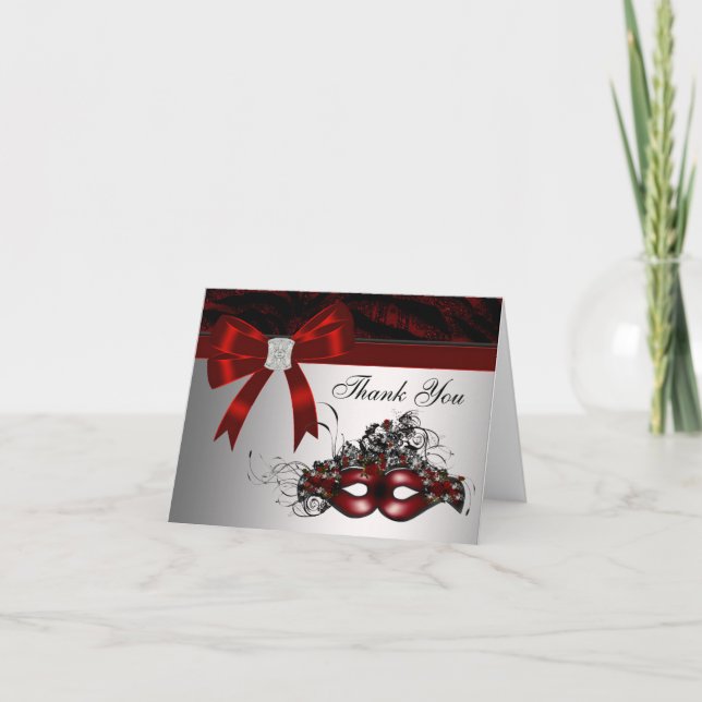 Elegantes rotes Maskerade-Party danken Ihnen Dankeskarte (Vorderseite)