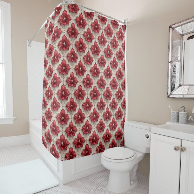 Elegantes rotes Orchideenmuster mit Perlen Duschvorhang (Beispiel)
