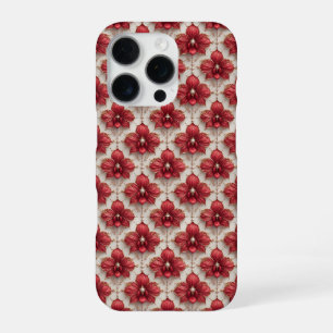 Elegantes rotes Orchideenmuster mit Perlen iPhone 16 Pro Hülle